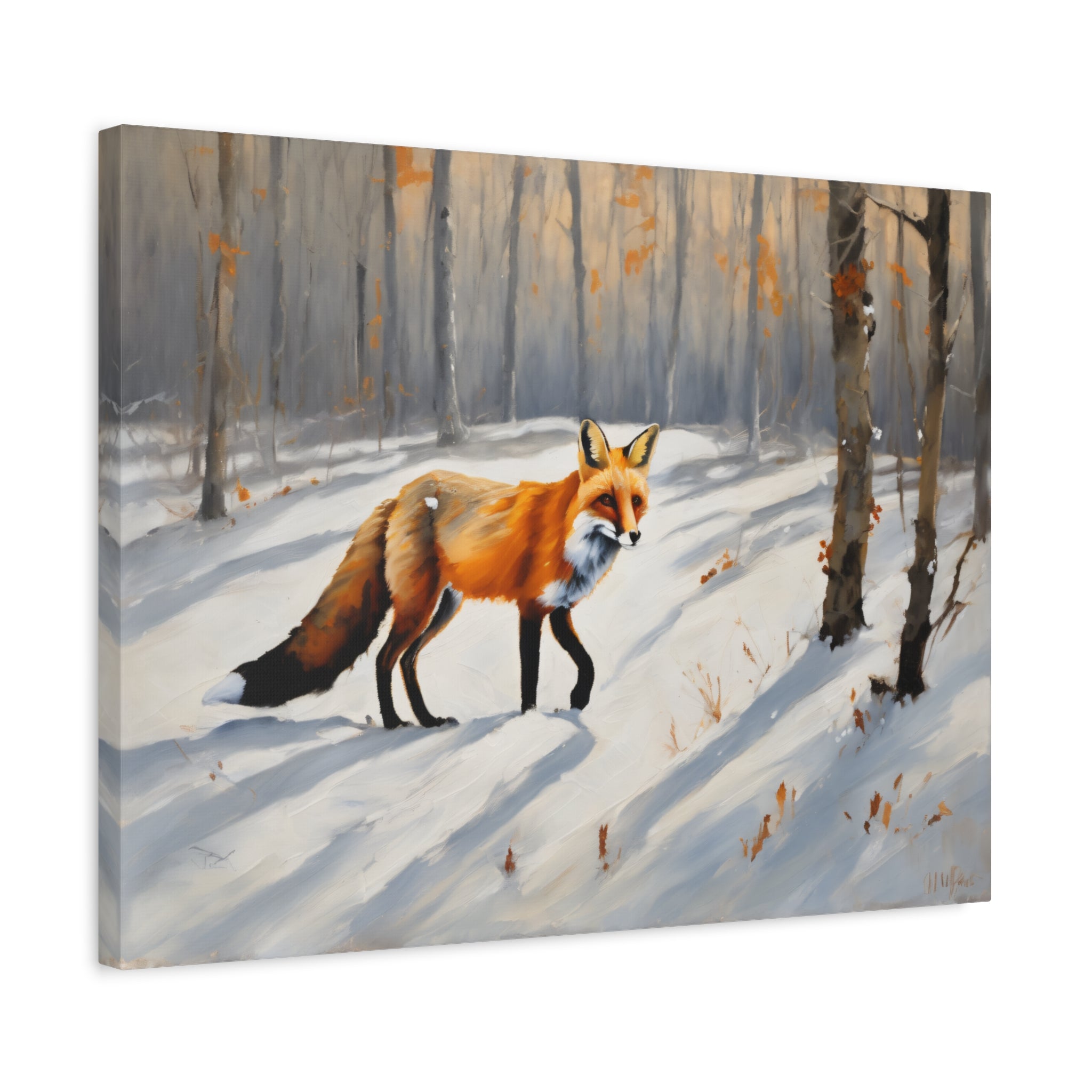 Red Fox Oil Painting Print – Winter Forest Wildlife Landscape Wall Art