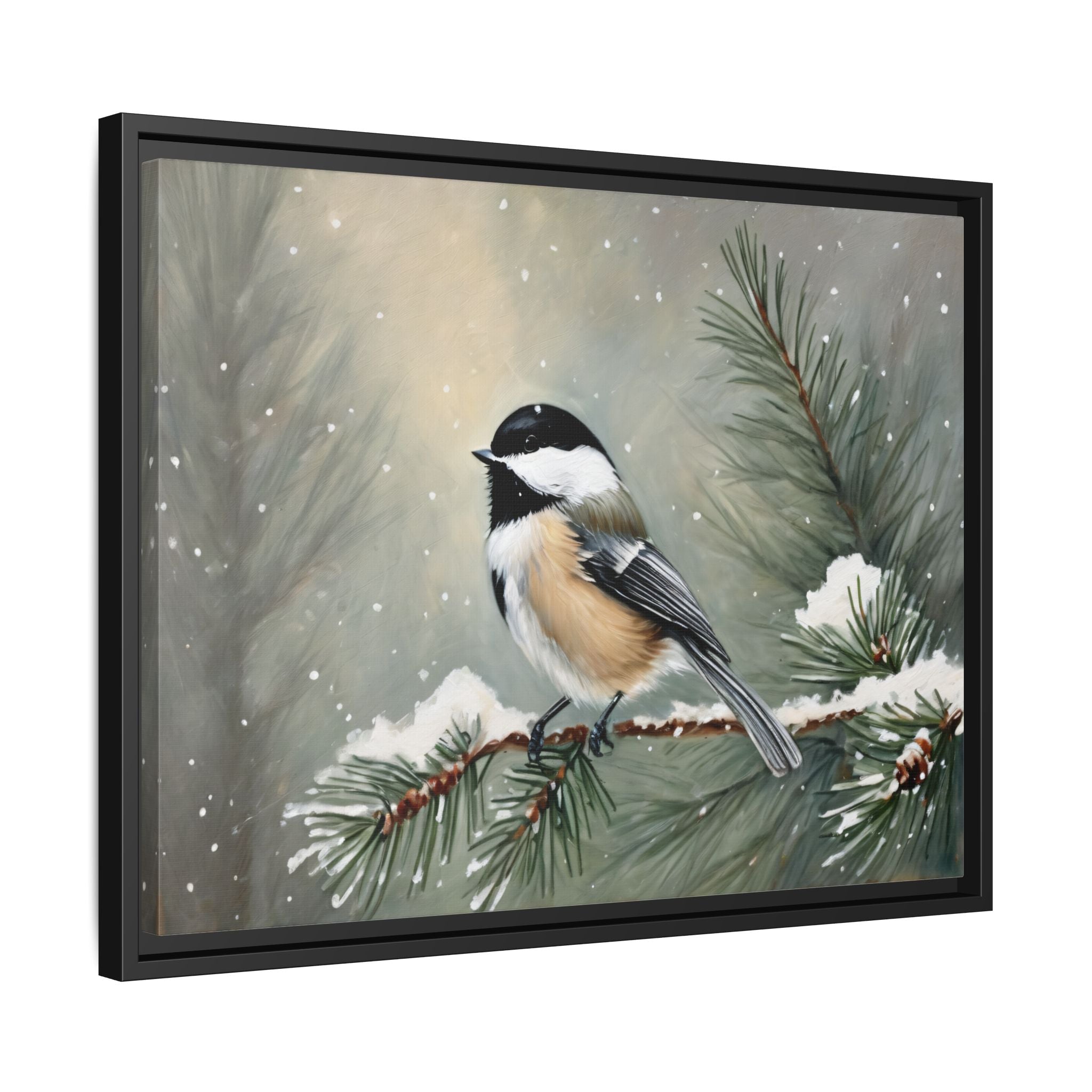 Chickadee Bird Oil Painting Print – Winter Pine Wildlife Wall Art