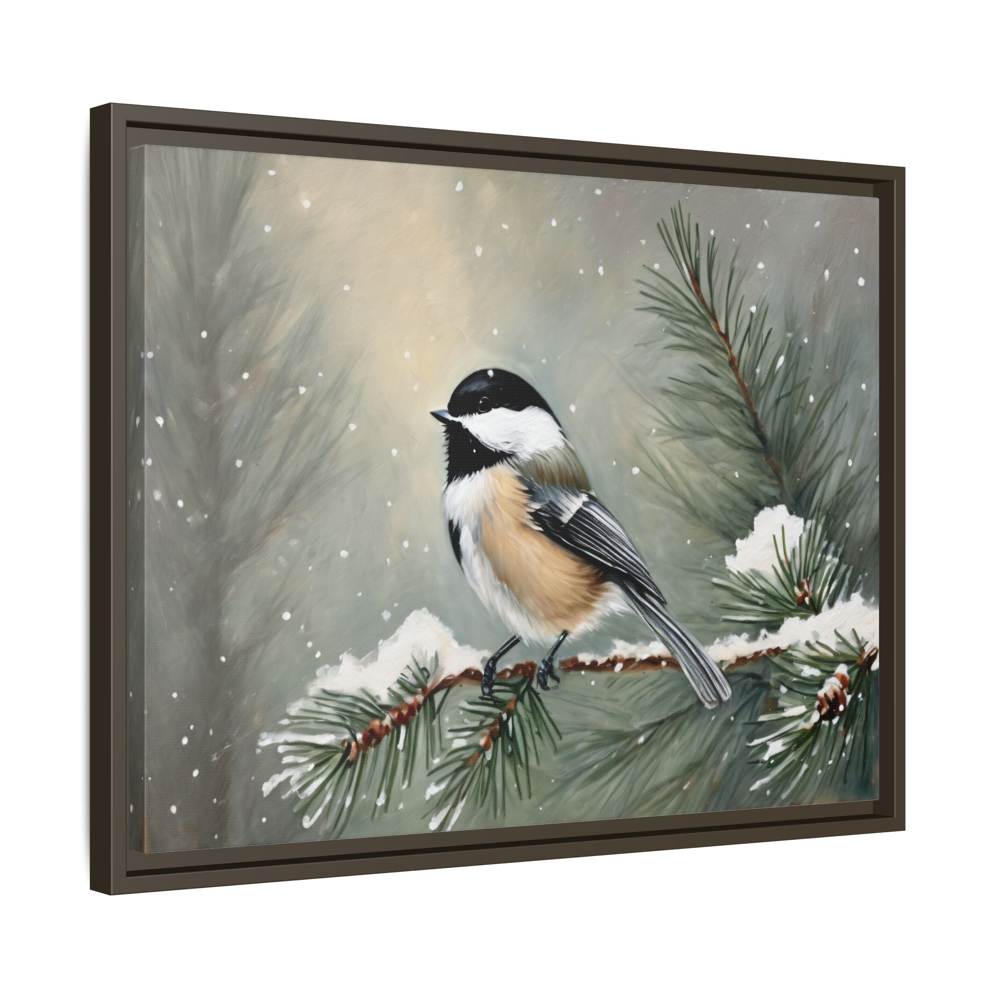 Chickadee Bird Oil Painting Print – Winter Pine Wildlife Wall Art