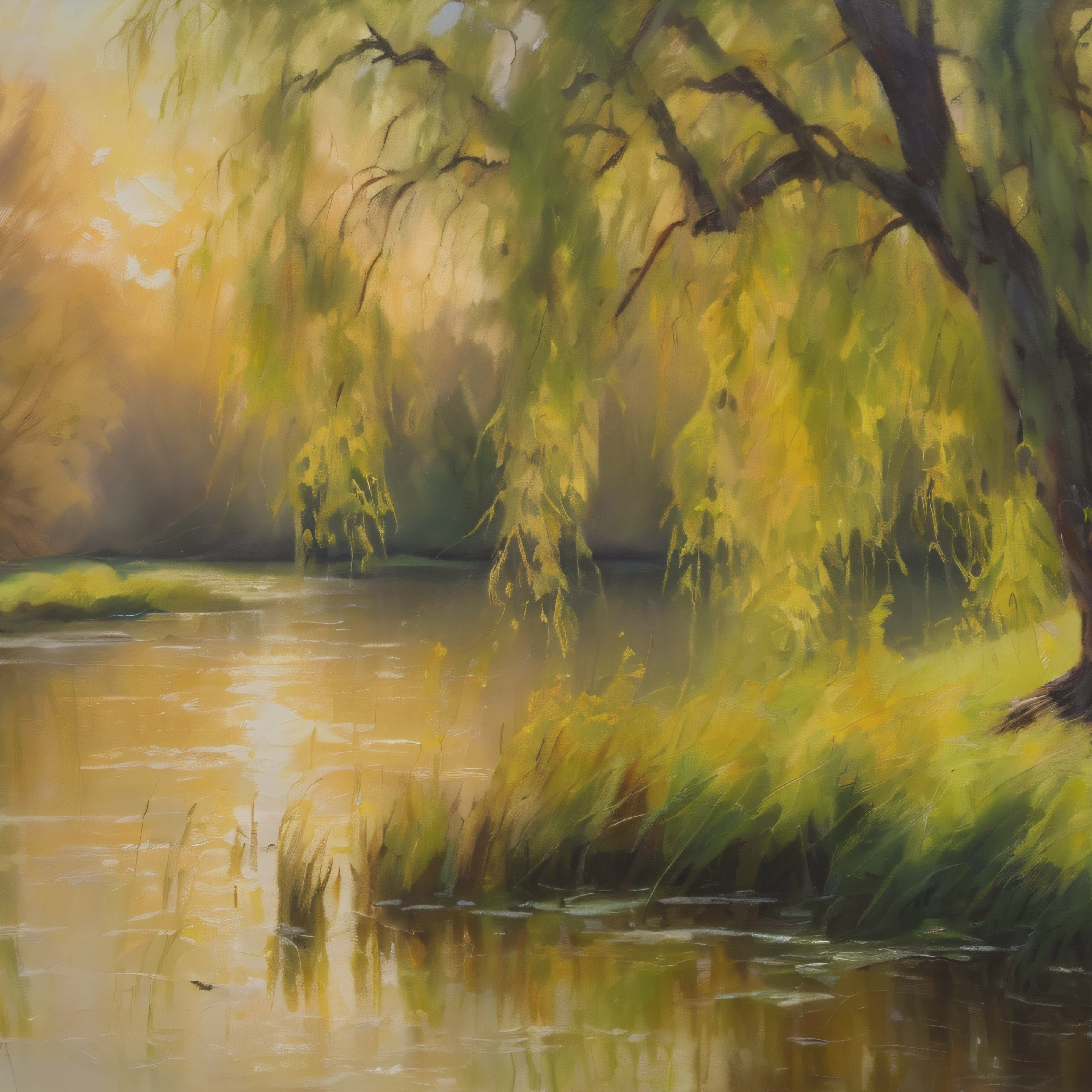 Willow Tree Oil Painting Print – Rustic Countryside Landscape Wall Art