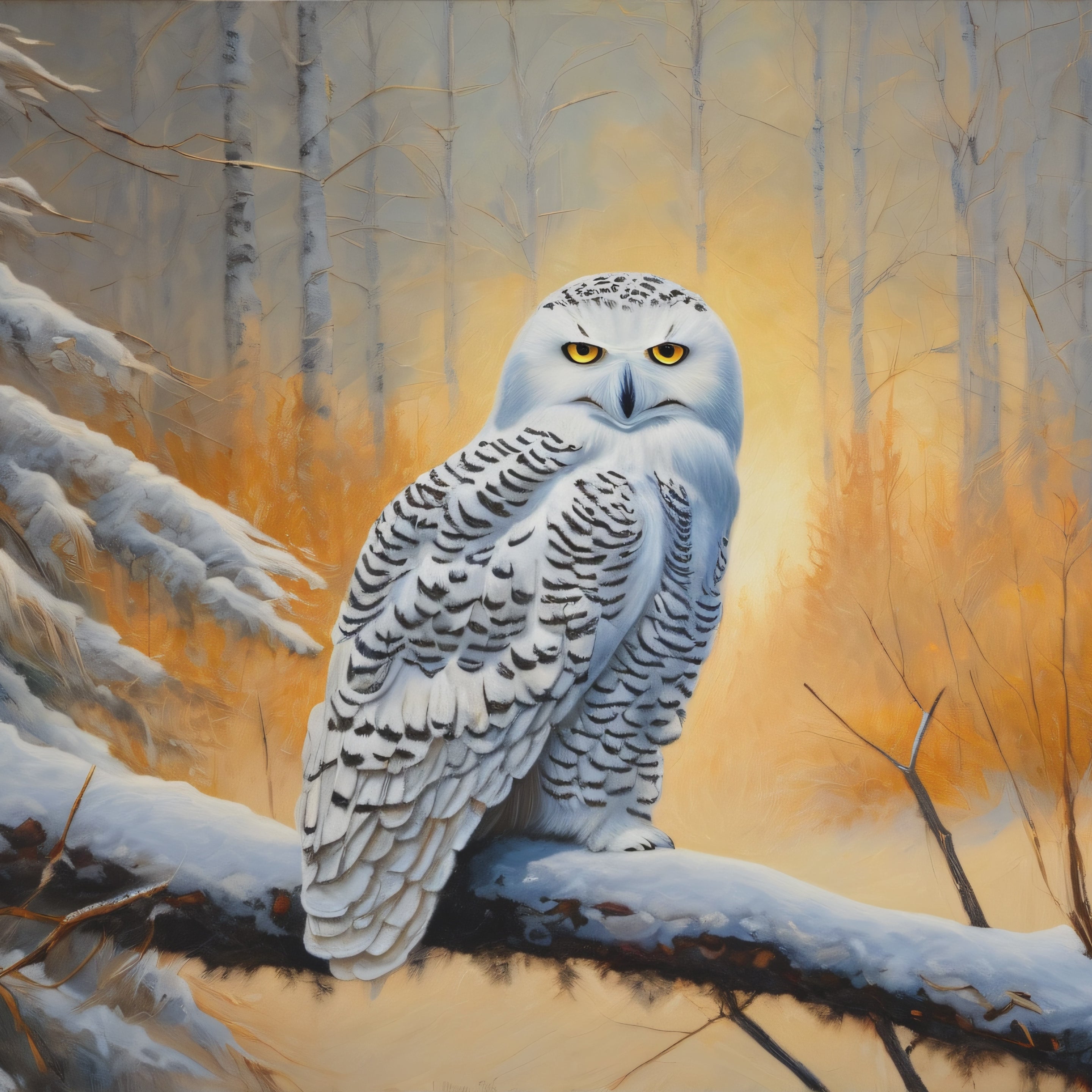 Snowy Owl Oil Painting Print – Winter Forest Wildlife Wall Art