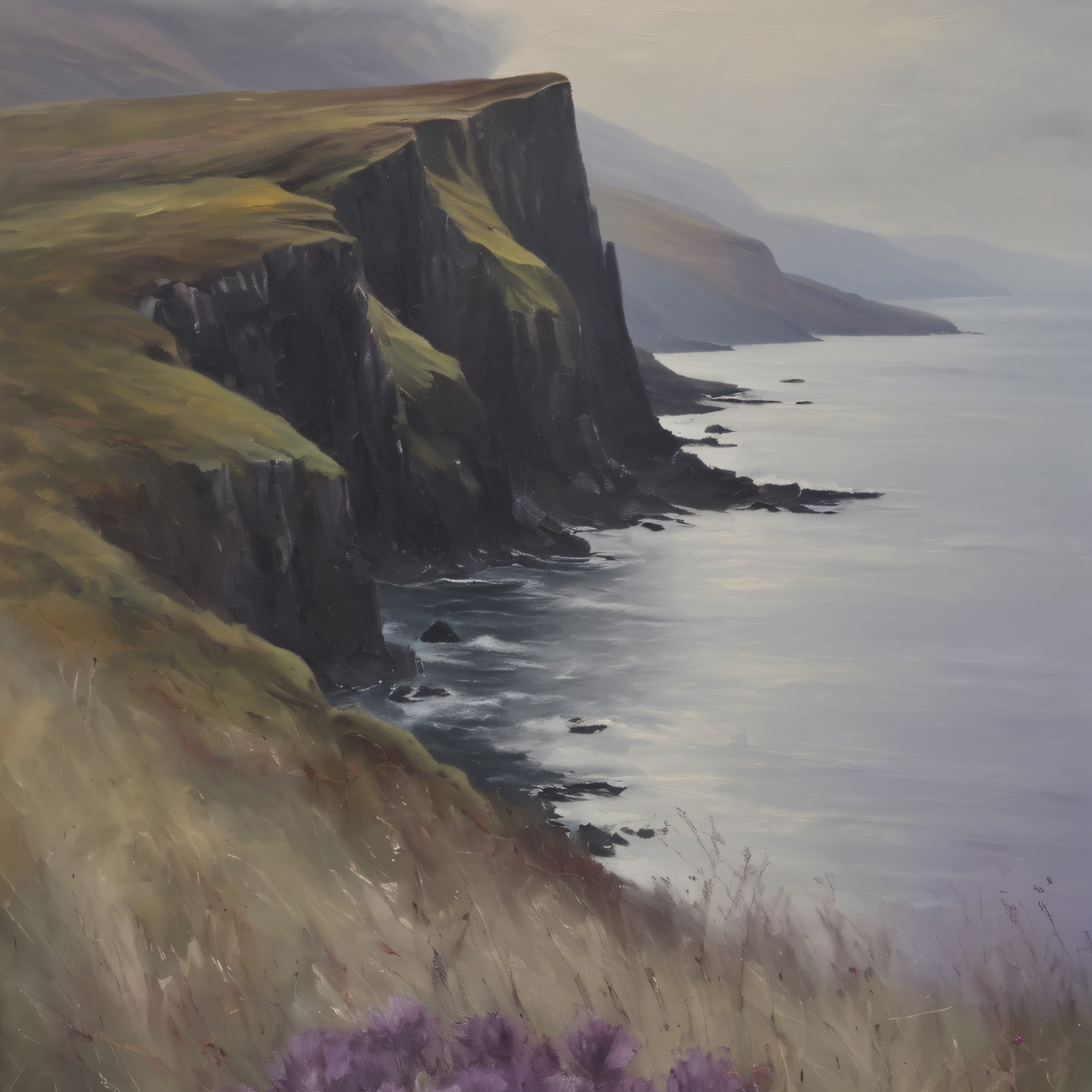Isle of Skye Oil Painting Print – Scottish Highlands Coastal Landscape Wall Art