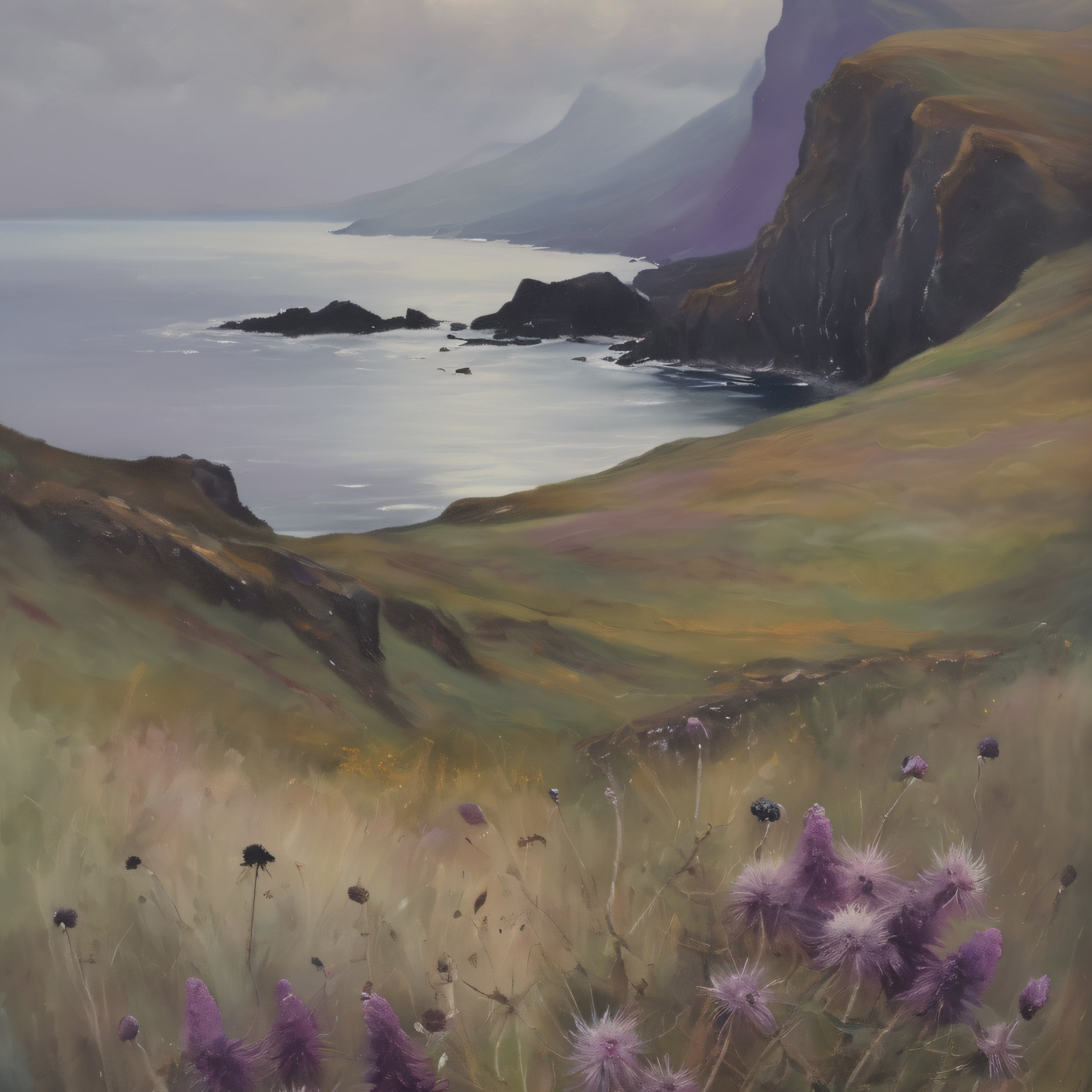 Isle of Skye Oil Painting Print – Scottish Highlands Coastal Landscape Wall Art