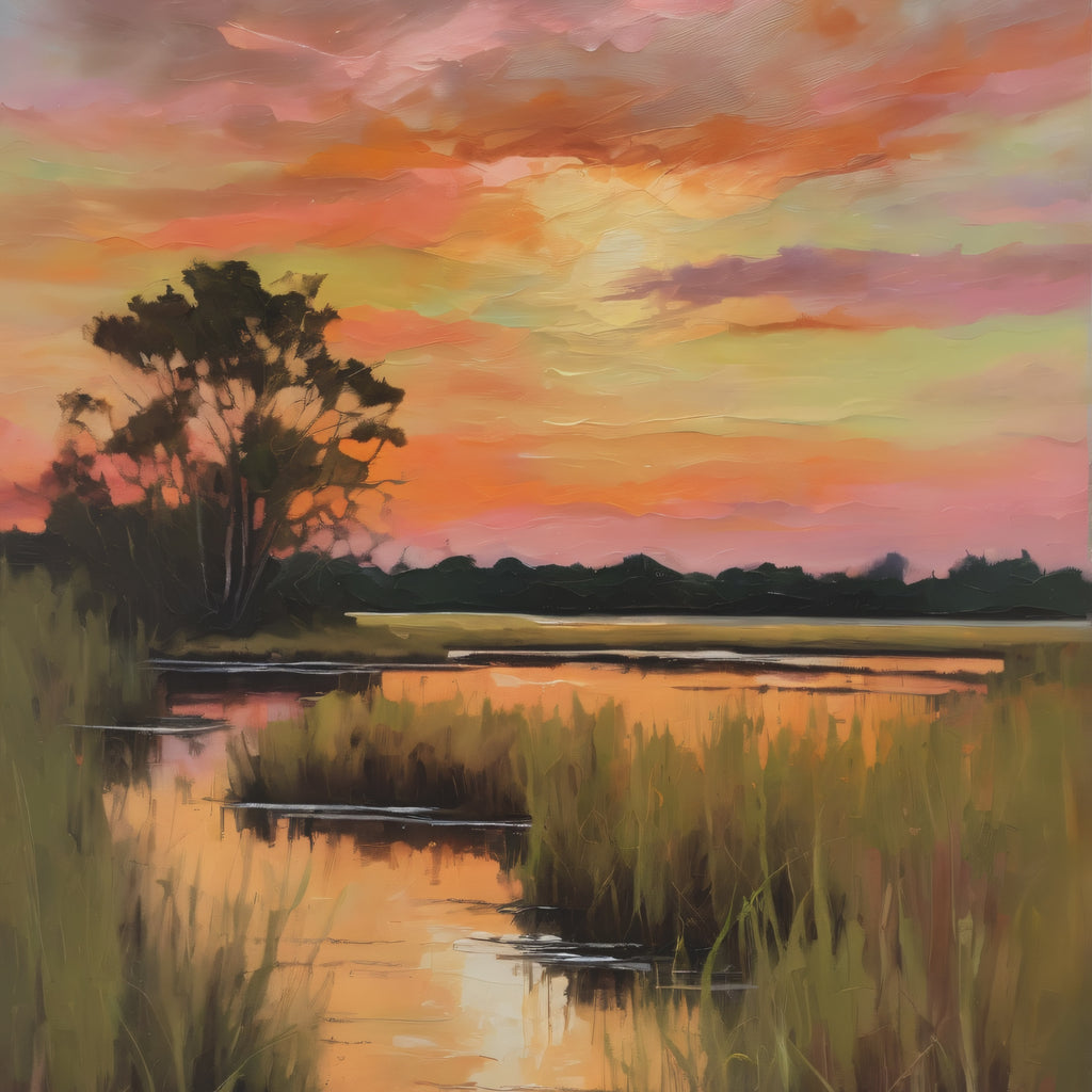 Salt Marsh Oil Painting Print – Lowcountry Sunset Landscape Wall Art