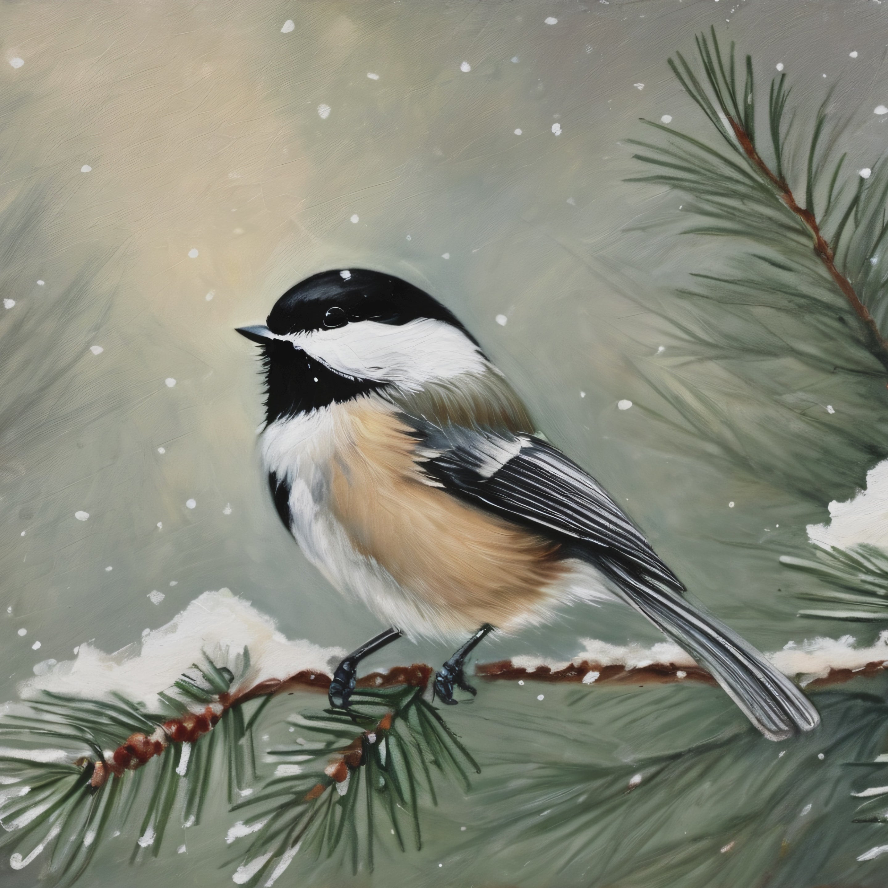 Chickadee Bird Oil Painting Print – Winter Pine Wildlife Wall Art