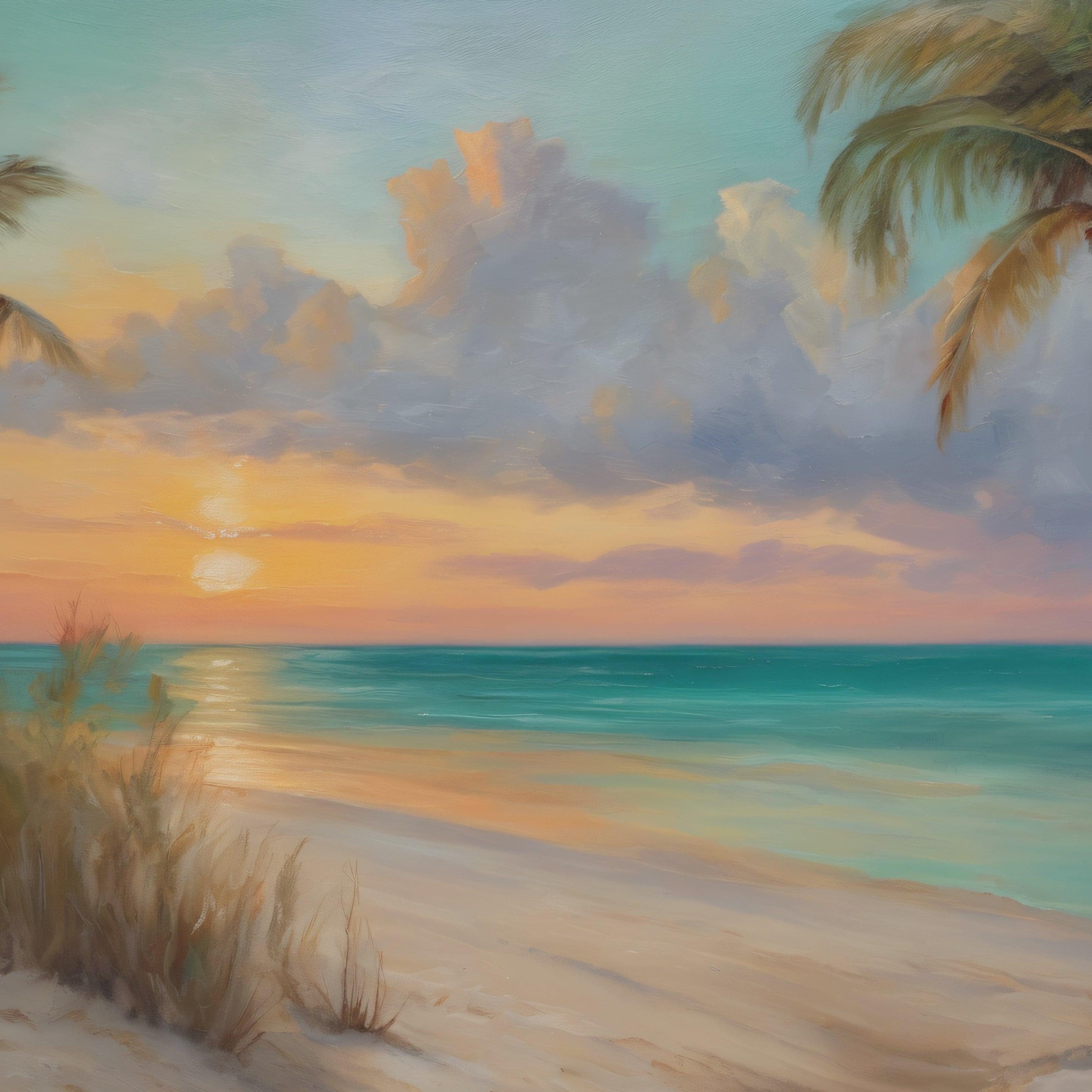 Florida Beach Oil Painting Print – Key West Sunset Coastal Landscape Wall Art