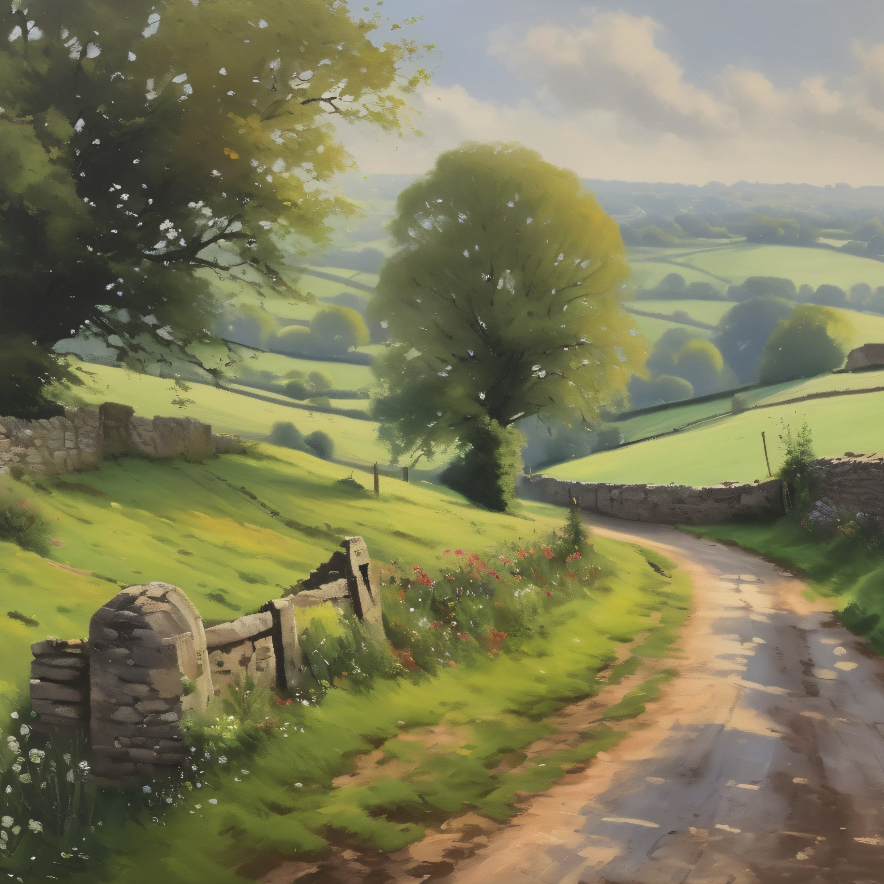 Cotswolds Oil Painting Print – English Countryside Landscape Wall Art