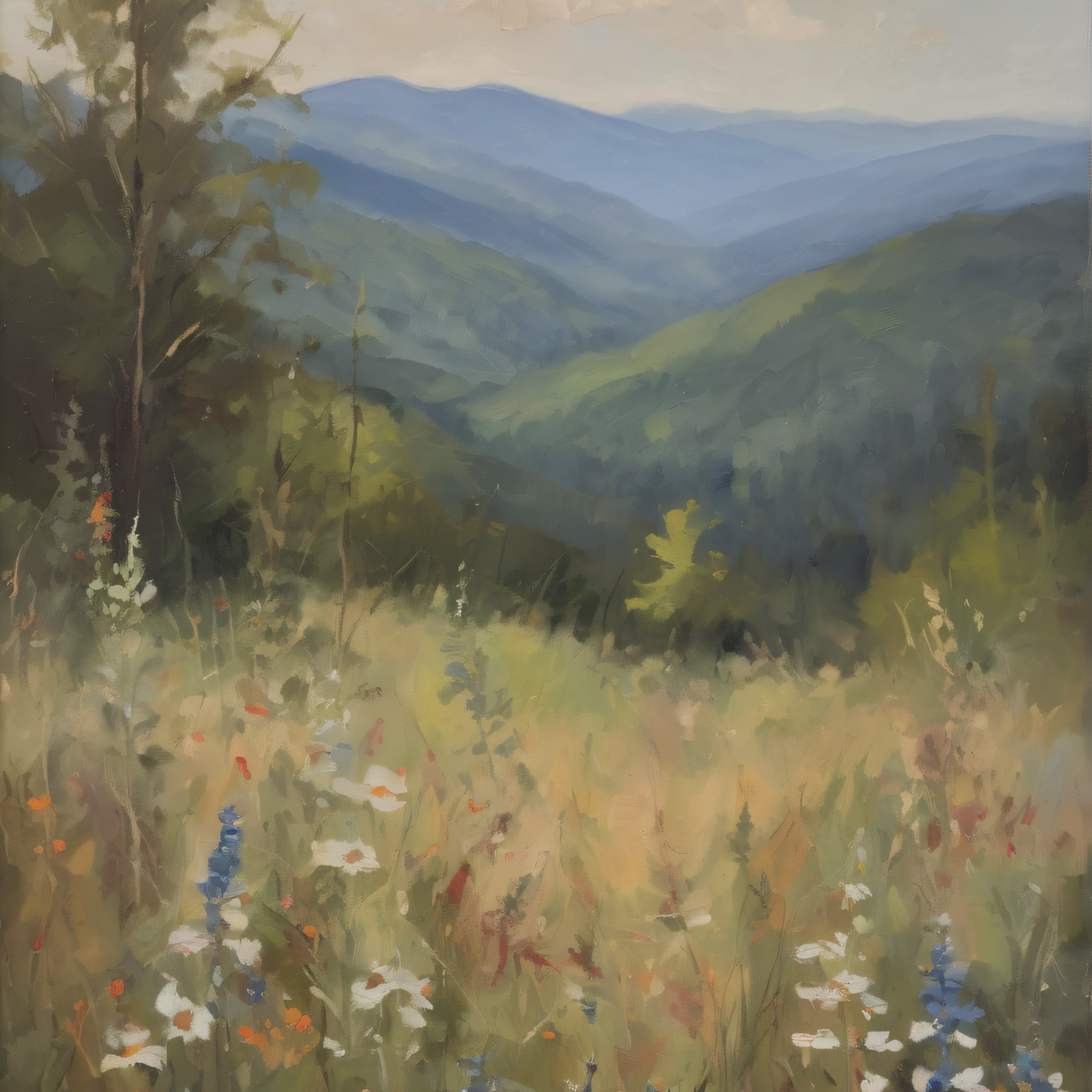 Blue Ridge Mountains Oil Painting, North Carolina Landscape Canvas, Appalachian Wall Art, Mountain Wildflowers Decor