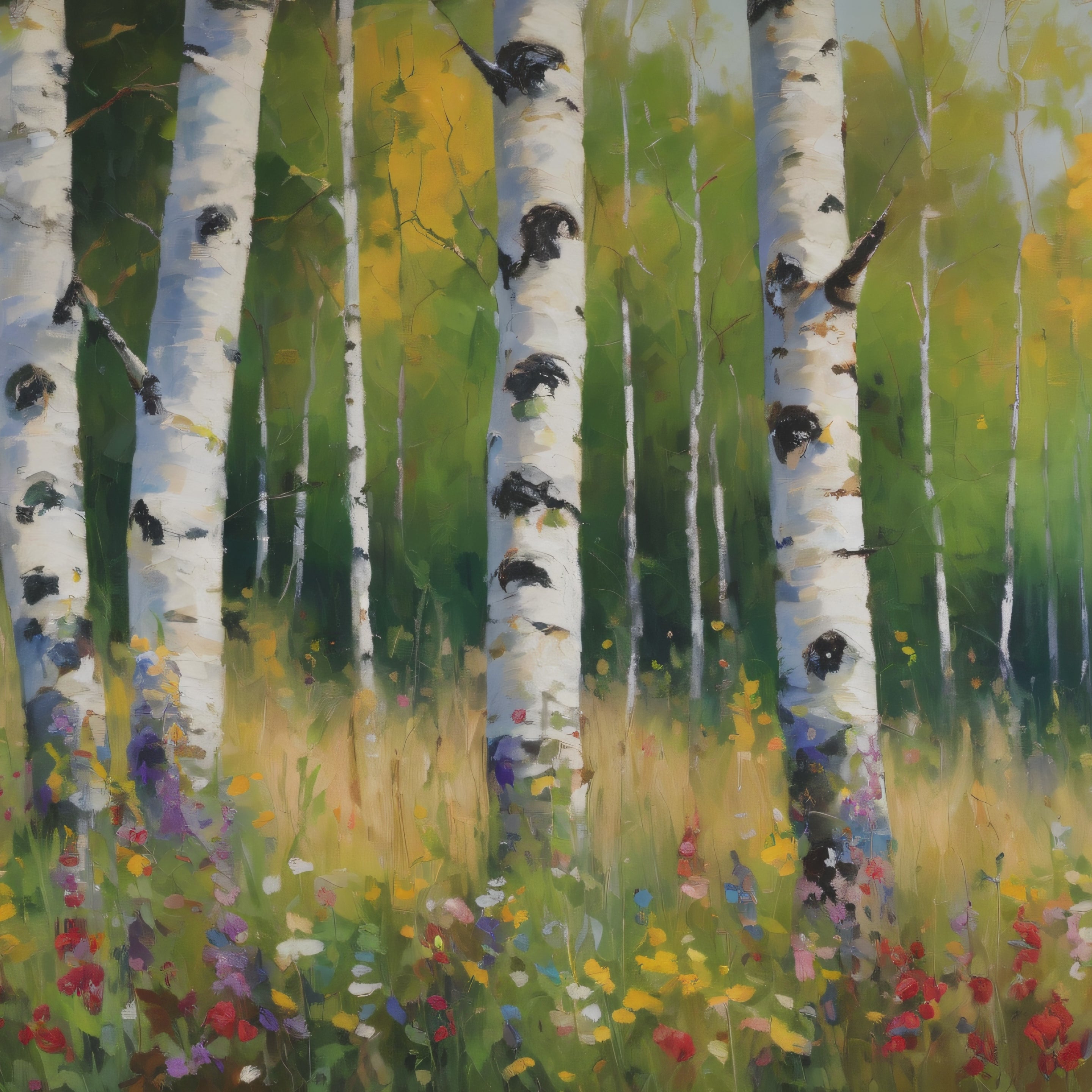 Spring  Wildflower Forest Oil Painting Print, Birch Trees Landscape Canvas Wall Art