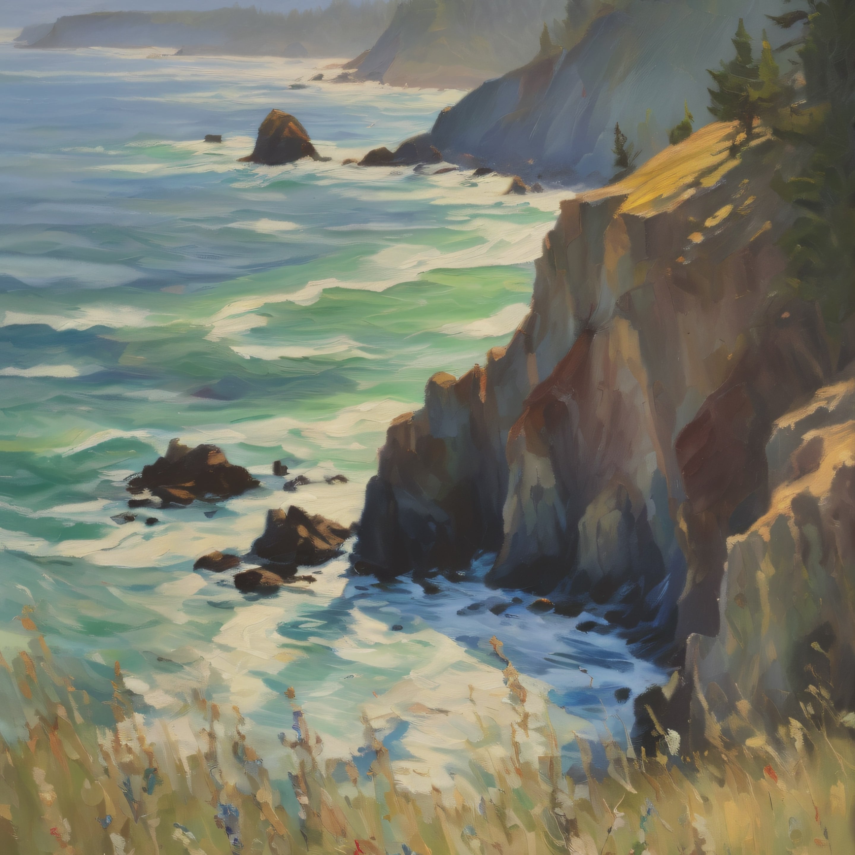 Pacific Northwest Oil Painting Print – Oregon Coastal Seascape Landscape Wall Art