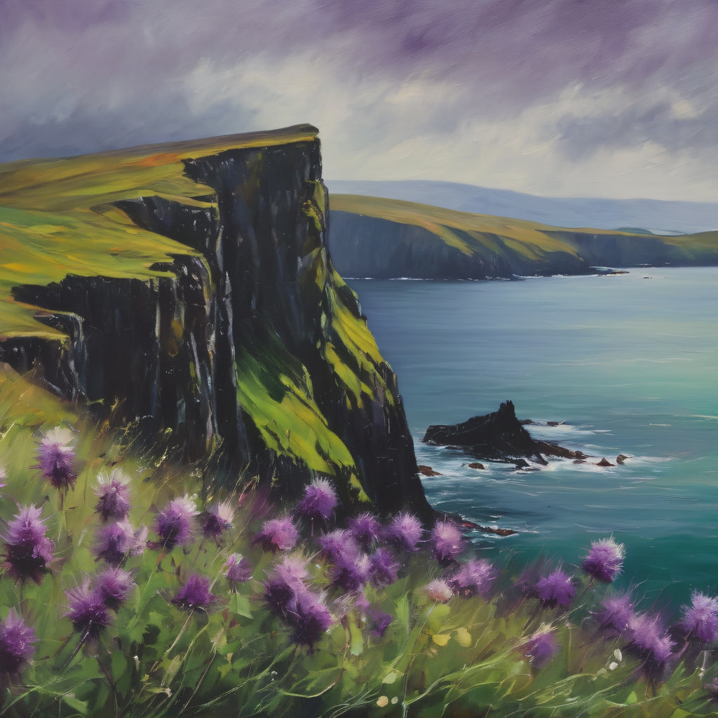 Isle of Skye Oil Painting Print – Scottish Highlands Thistle Landscape Wall Art