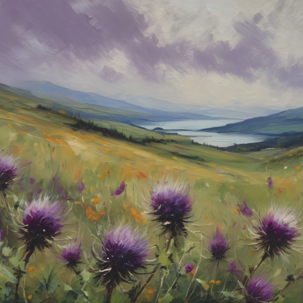 Scottish Highlands Thistle Oil Painting Print – Isle of Skye Wildflower Landscape Wall Art