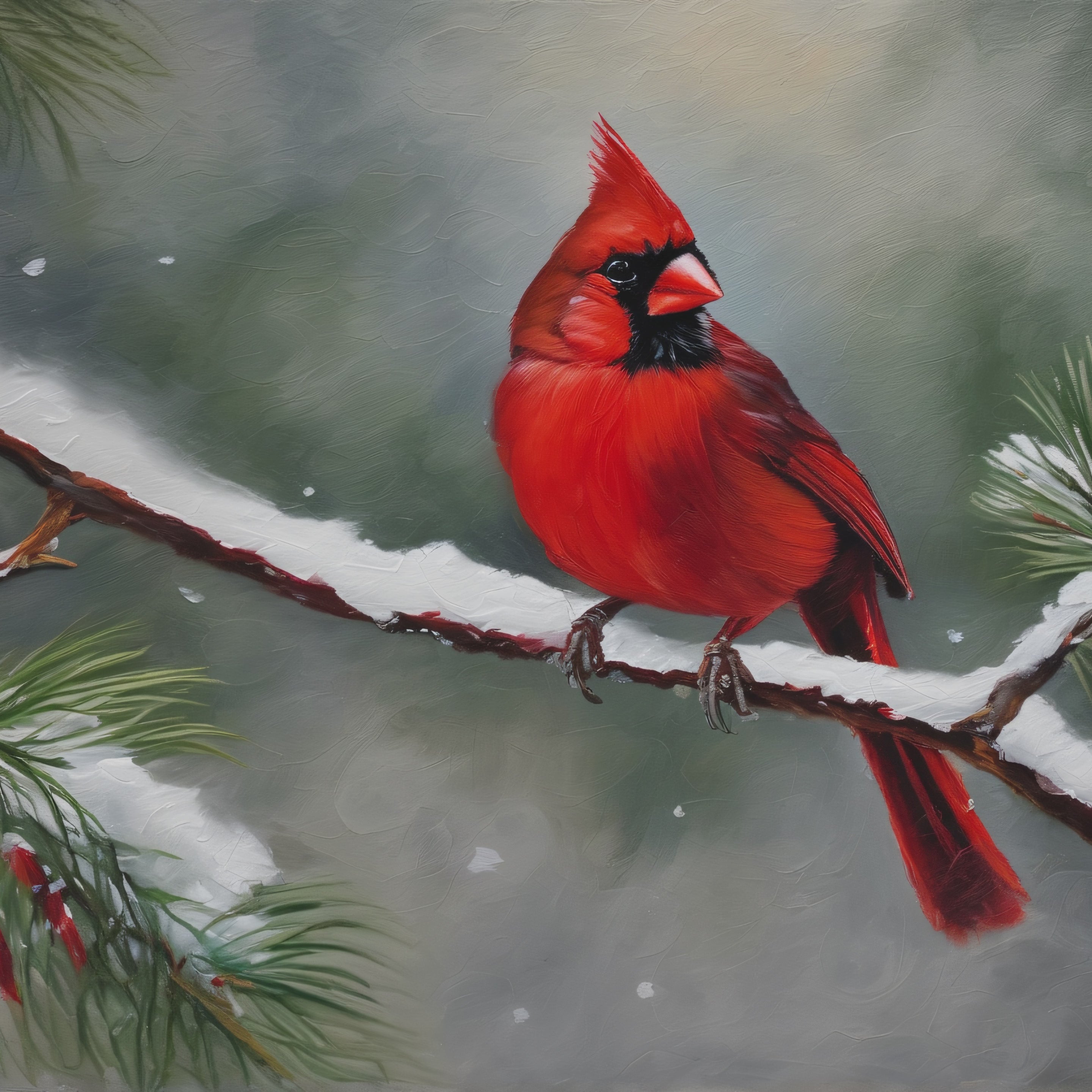 Red Cardinal Oil Painting Print – Snowy Winter Wildlife Wall Art