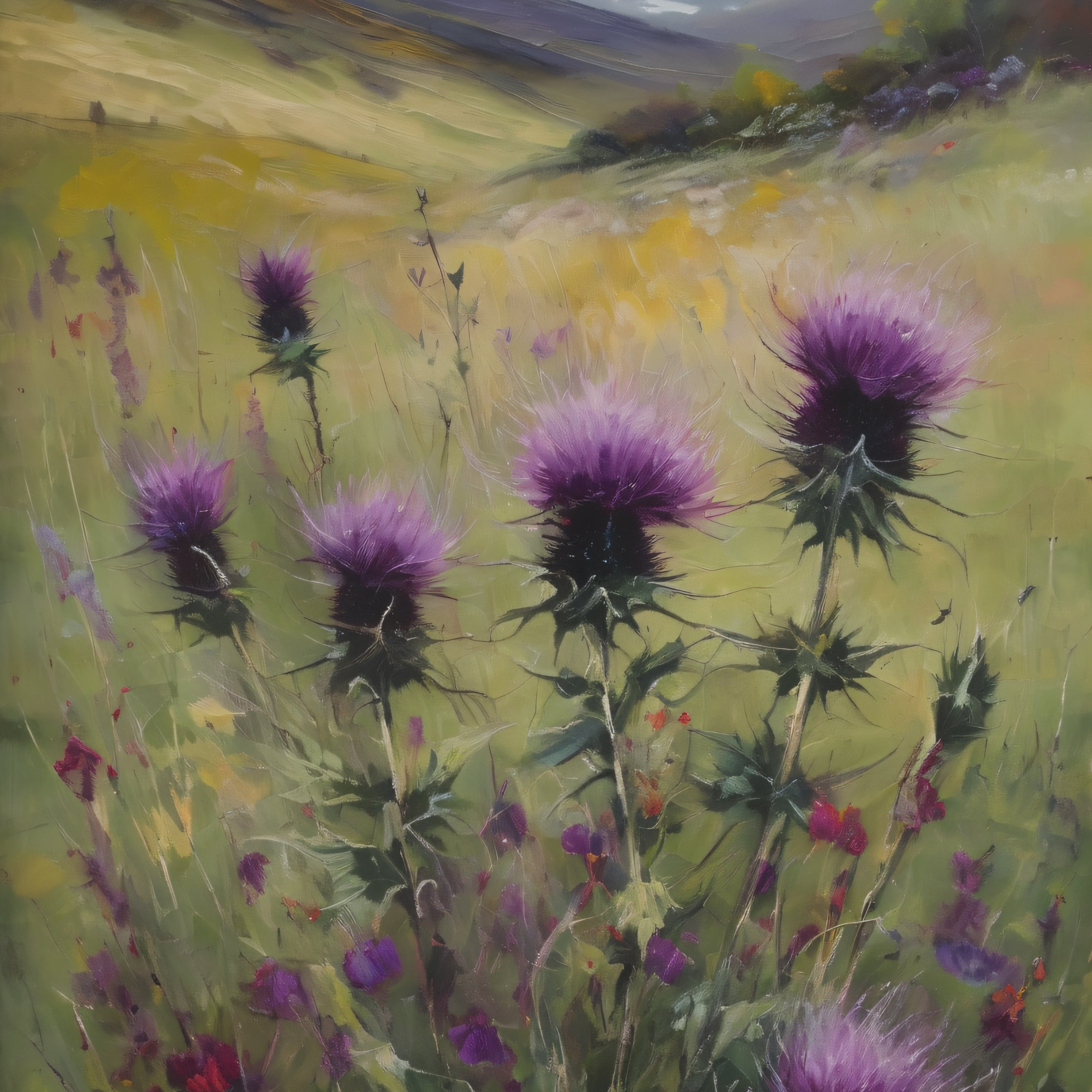 Scottish Highlands Thistle Oil Painting Print – Isle of Skye Wildflower Landscape Wall Art