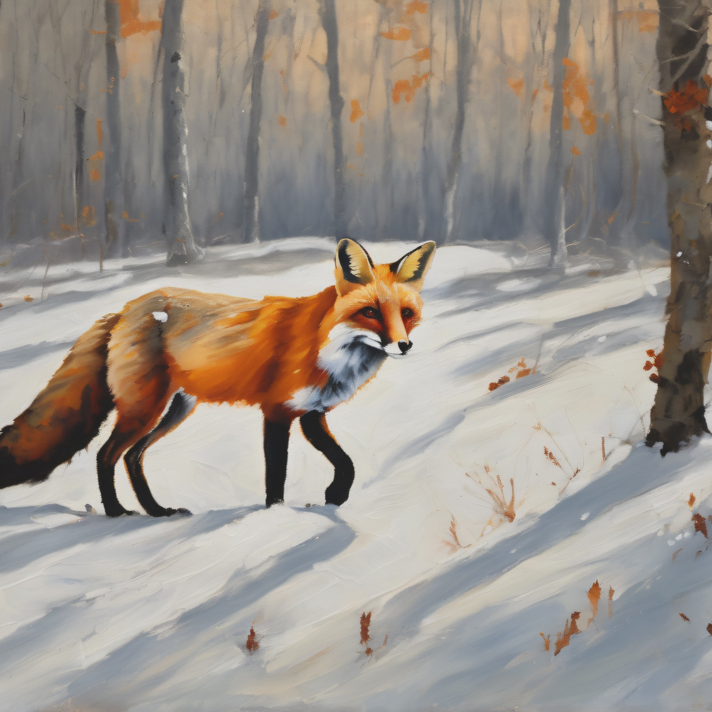 Red Fox Oil Painting Print – Winter Forest Wildlife Landscape Wall Art