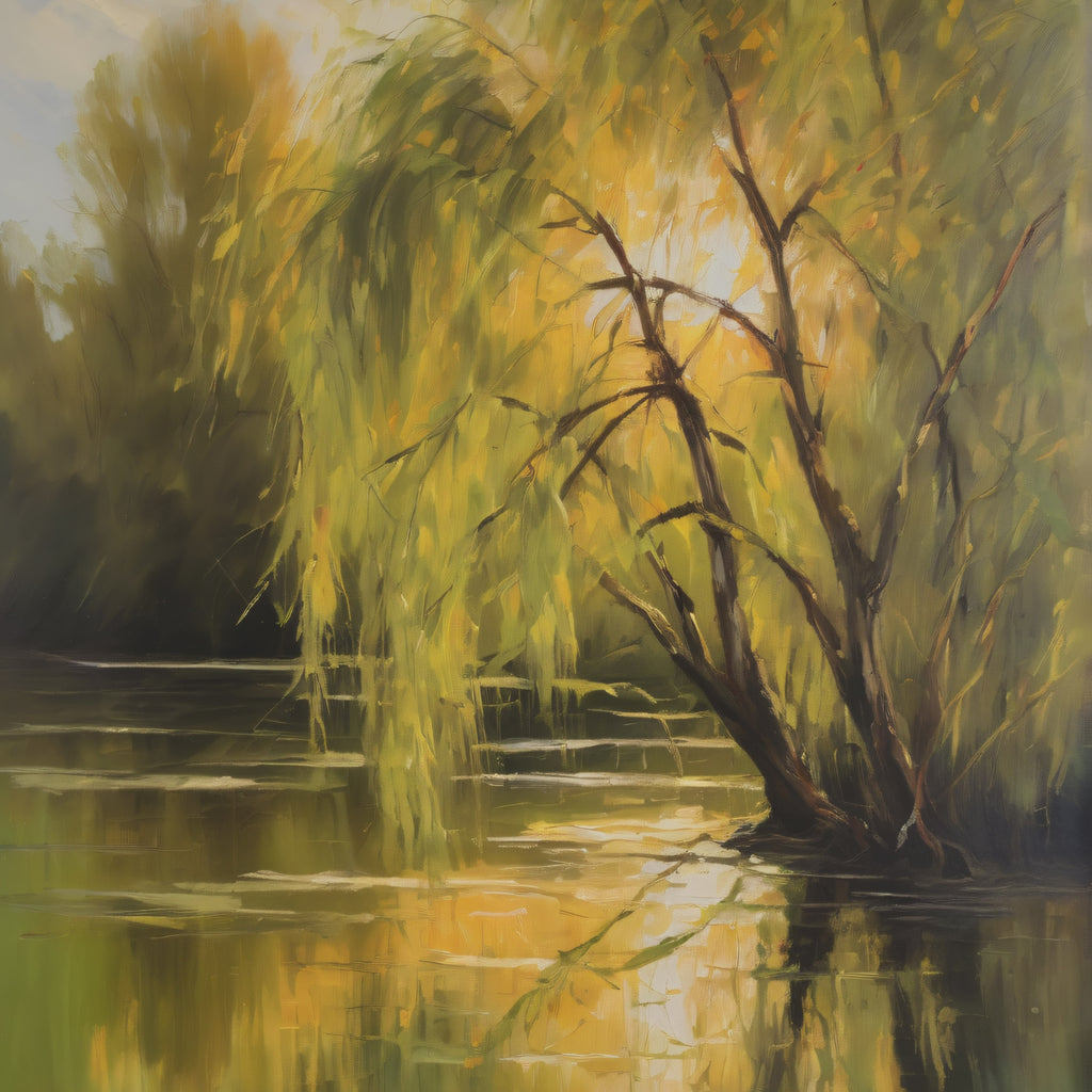 Willow Tree Oil Painting Print – Rustic Countryside Landscape Wall Art