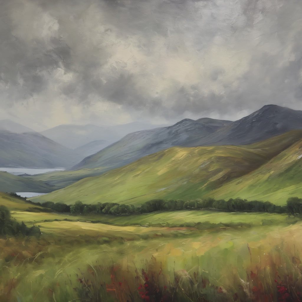 Scottish Highlands Oil Painting Print – Highland Mountain Landscape Wall Art