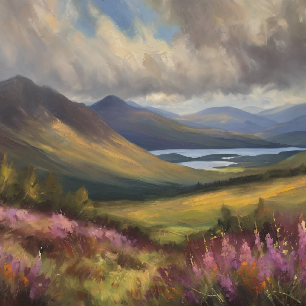 Scottish Highlands Oil Painting Print – Floral Highland Mountain Landscape Wall Art
