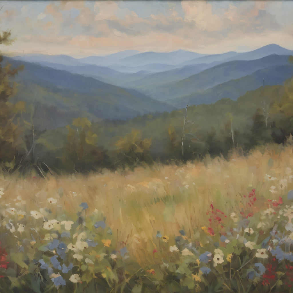 Blue Ridge Mountains Oil Painting Print, Wildflower Landscape Canvas Decor