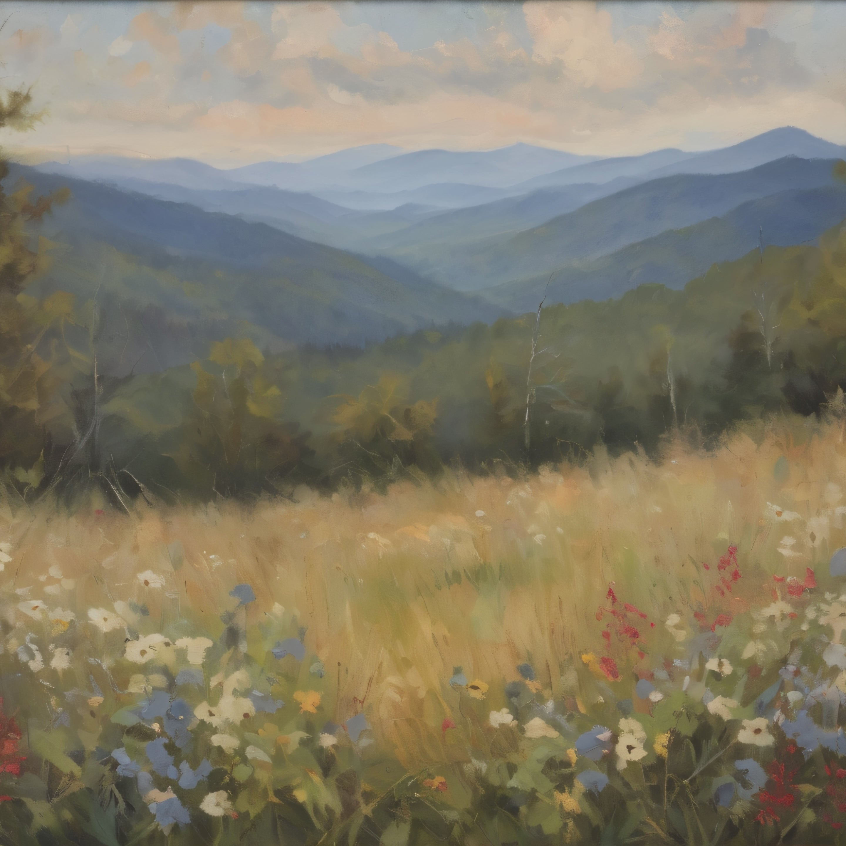 Blue Ridge Mountains Oil Painting Print, Wildflower Landscape Canvas Decor