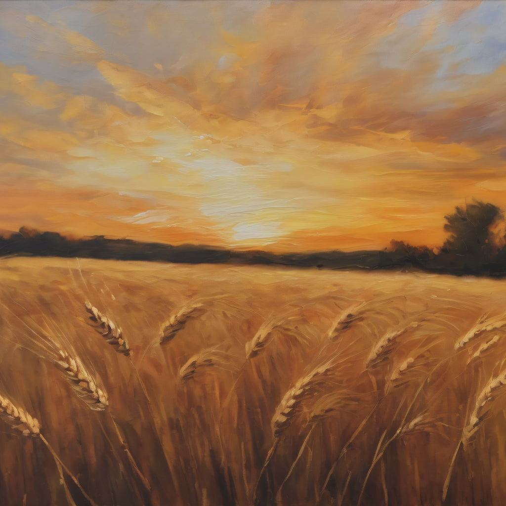 Golden Wheat Field Oil Painting Print – Rustic Farm Landscape Wall Art