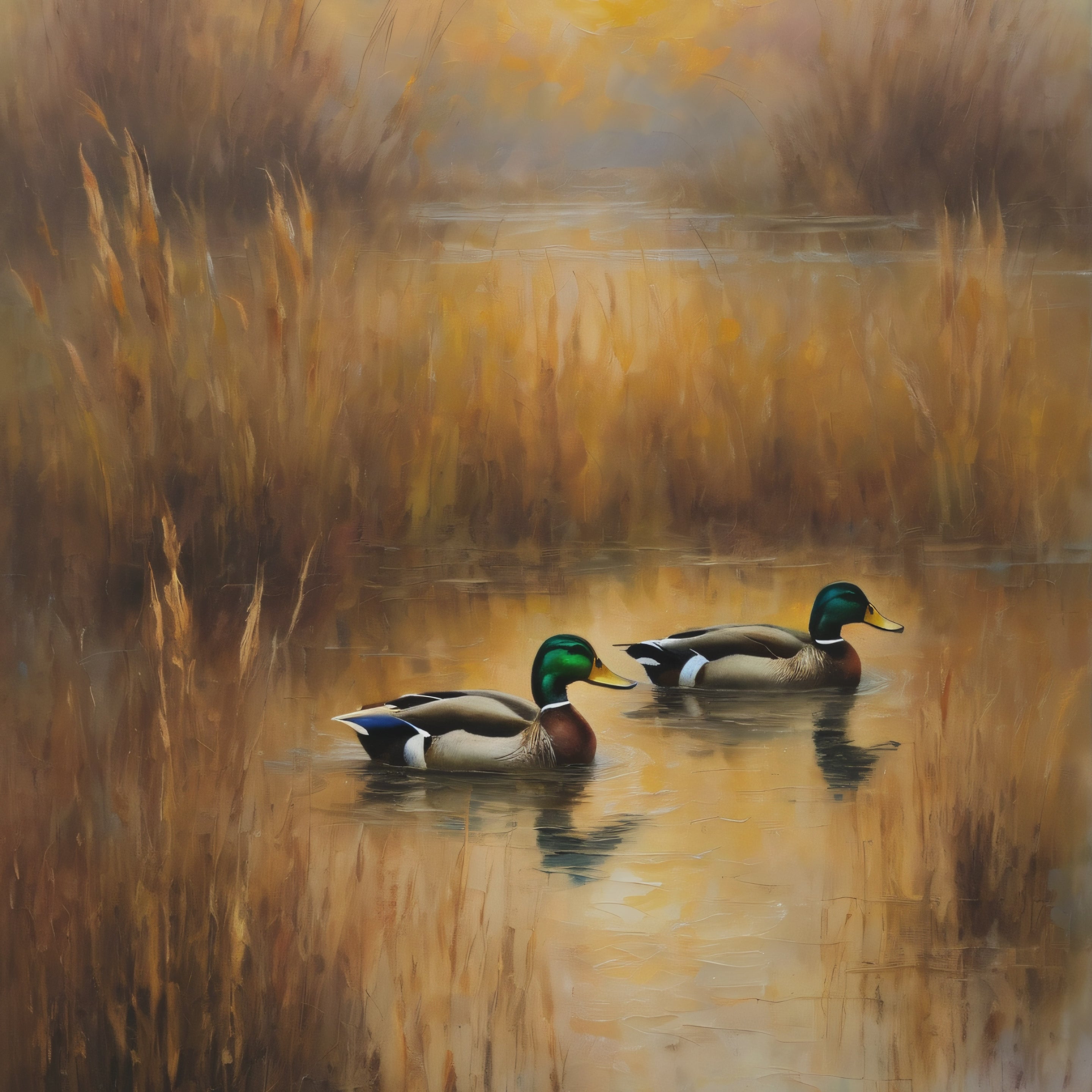 Mallard Ducks Oil Painting Print – Vintage Woodland Cabin Wall Art