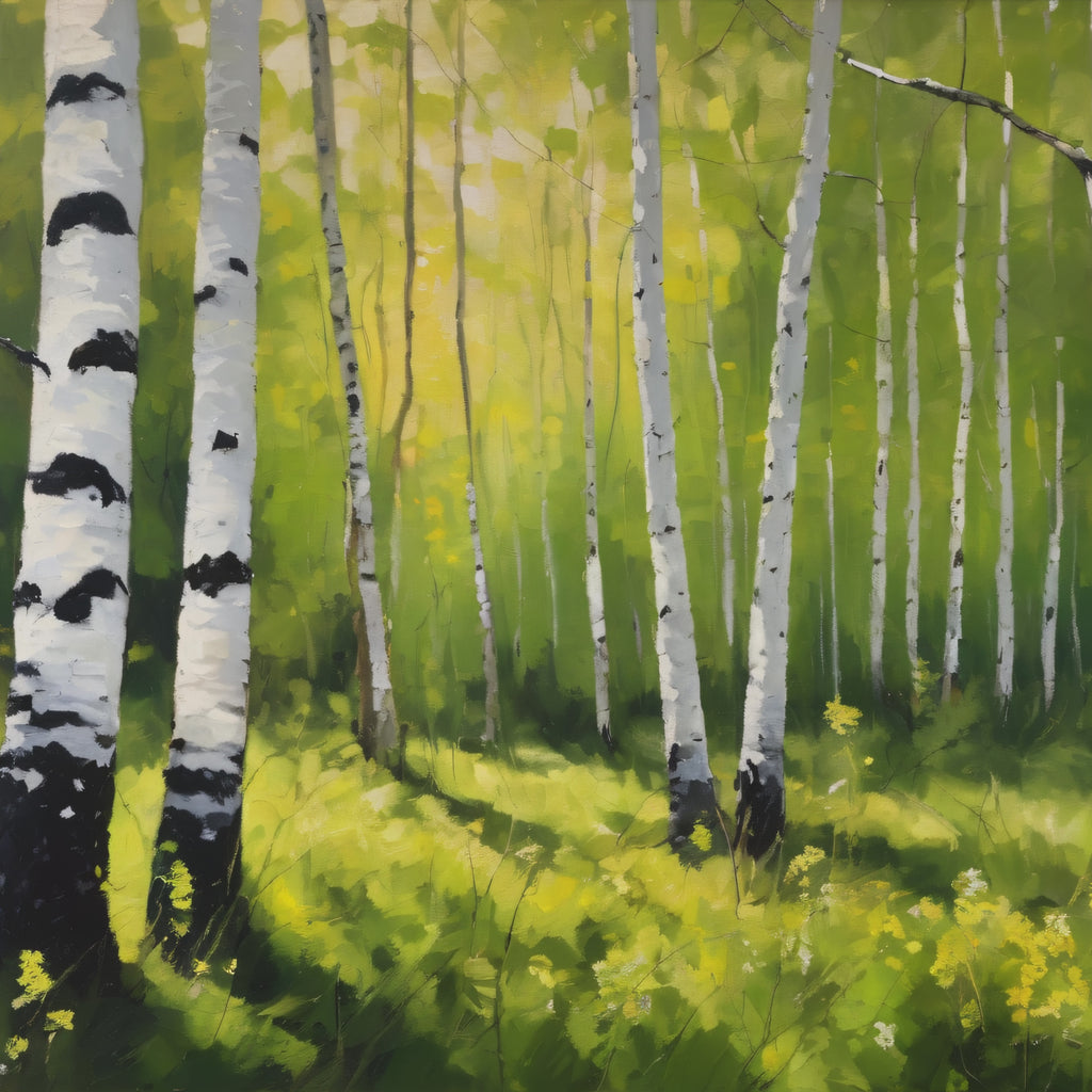 Spring Forest Oil Painting Print, Silver Birch Trees Landscape Canvas Decor