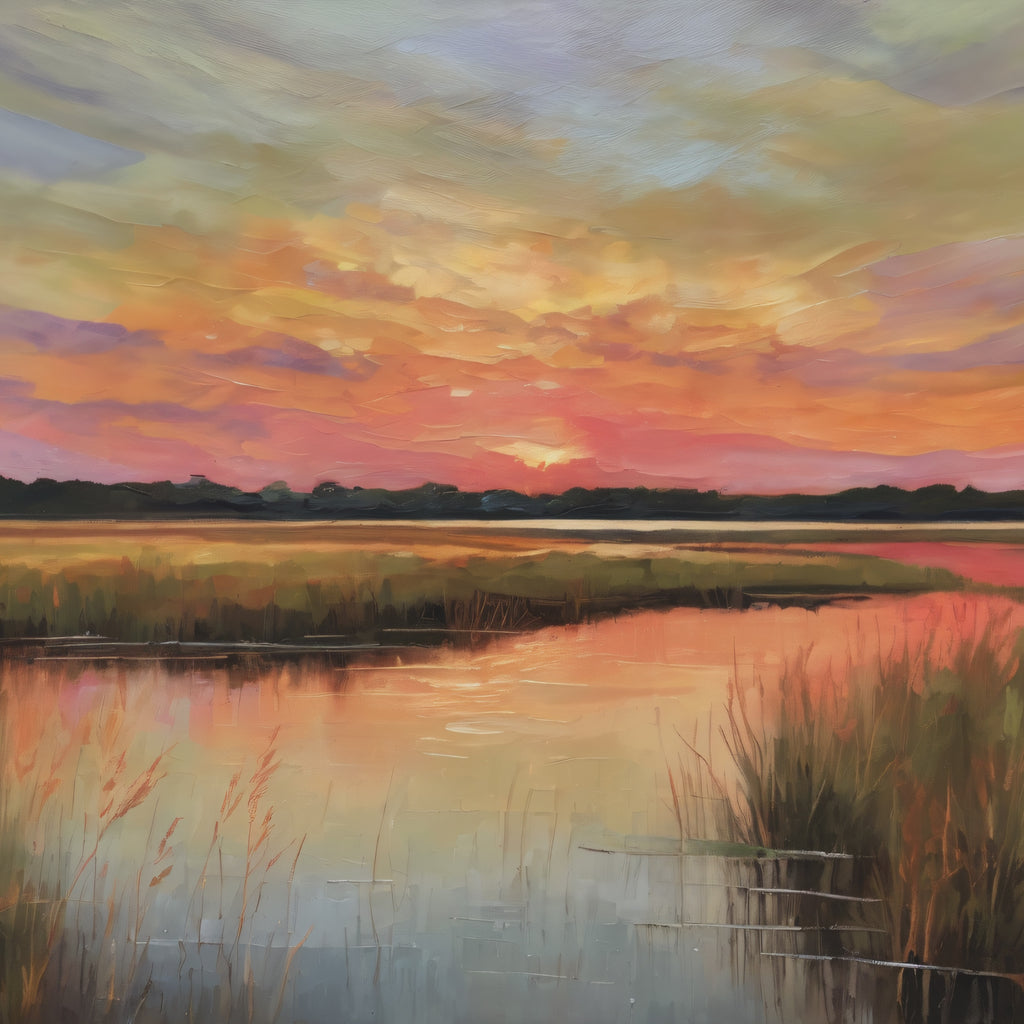 Salt Marsh Oil Painting Print – Tranquil Sunset Landscape Wall Art