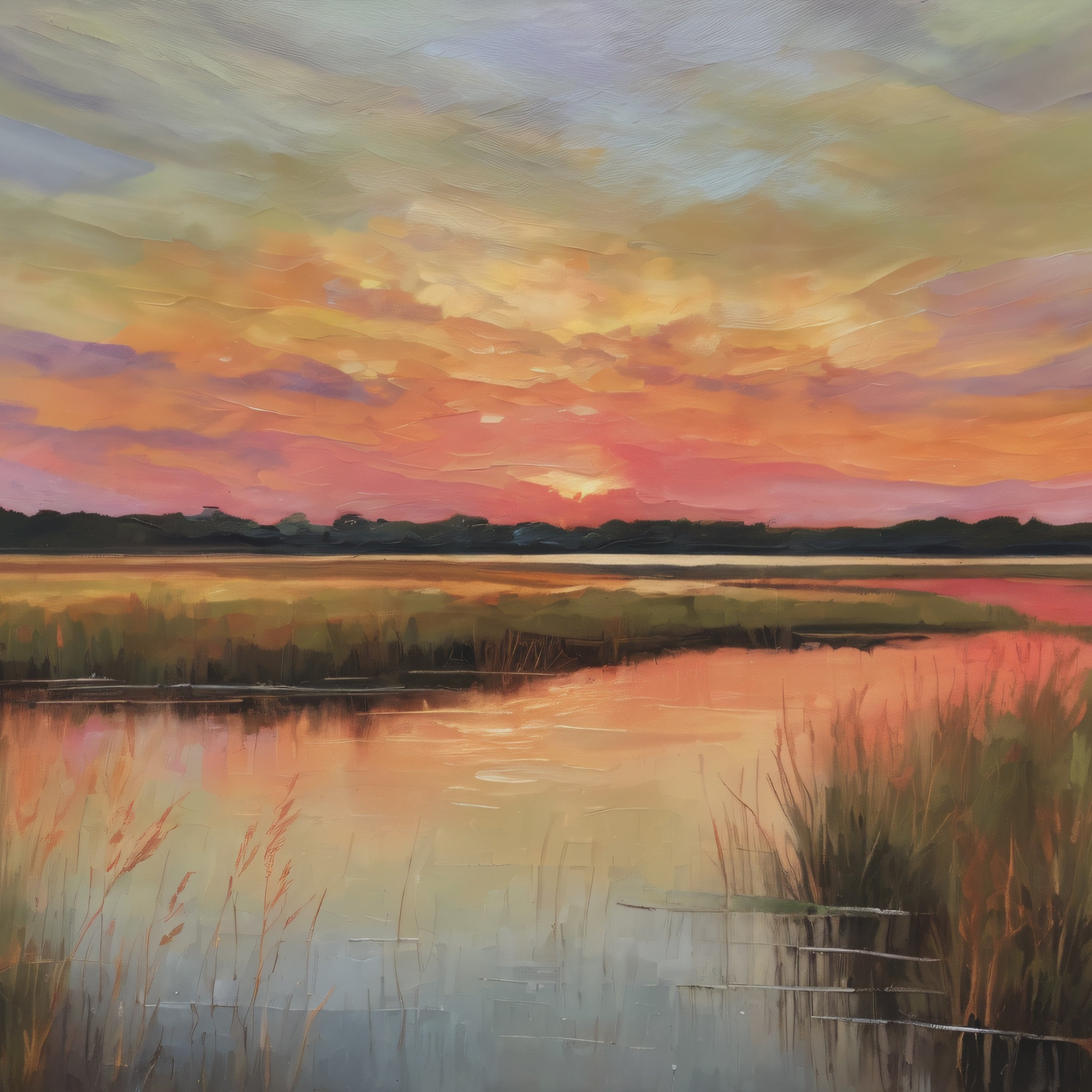 Salt Marsh Oil Painting Print – Tranquil Sunset Landscape Wall Art