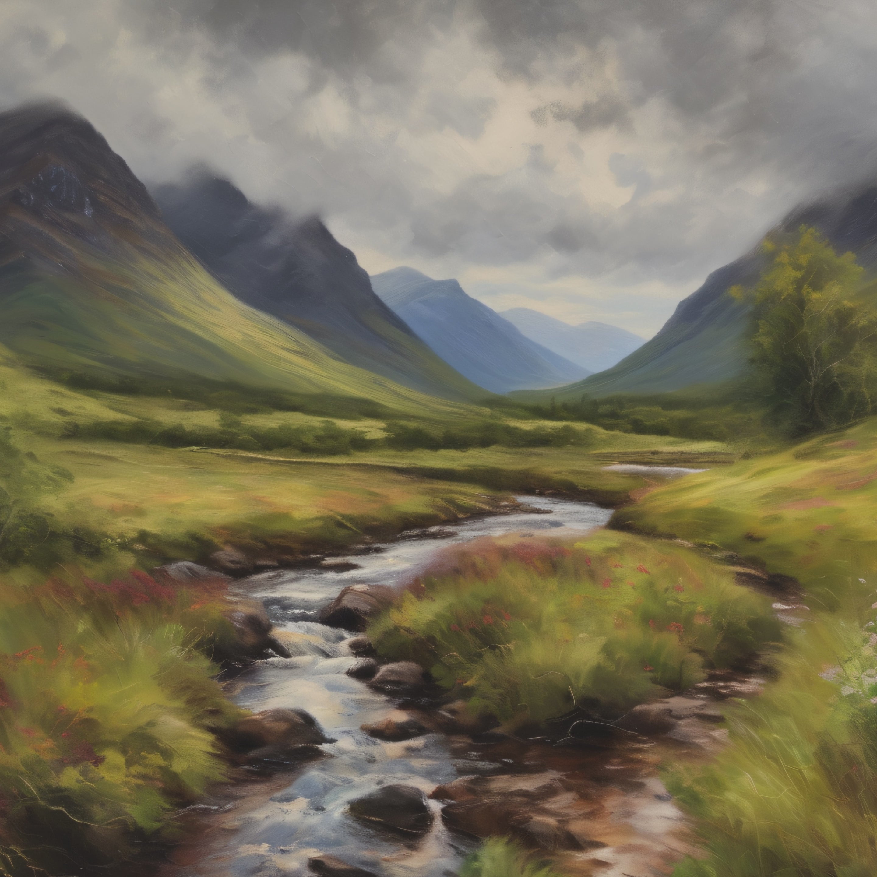Glencoe Oil Painting Print – Scottish Highlands Mountain Landscape Wall Art