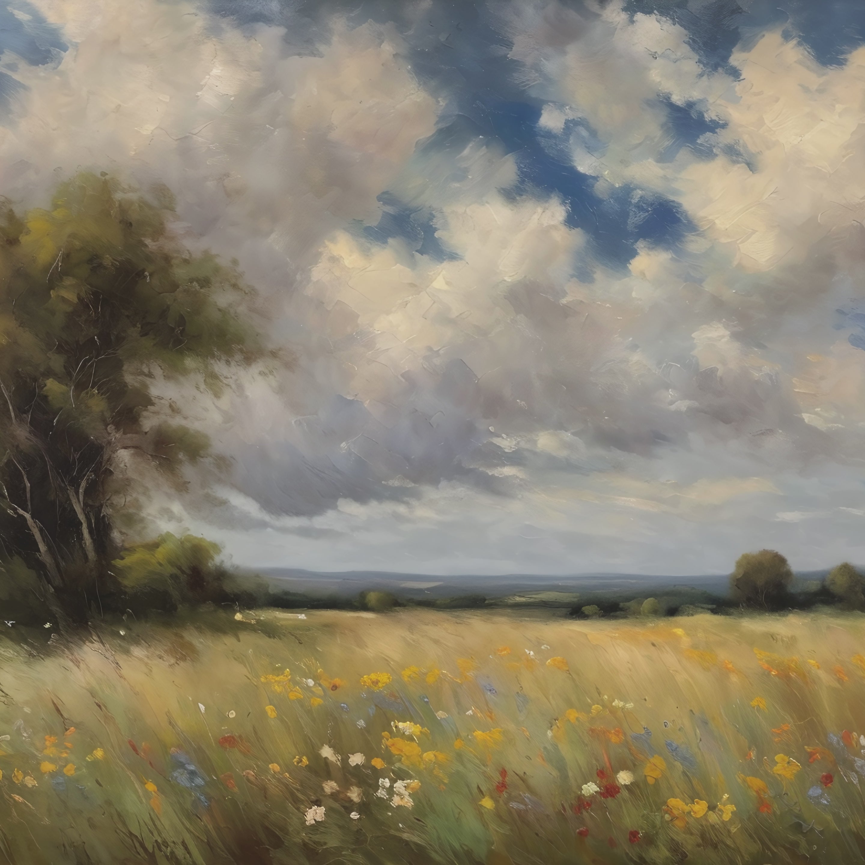 Vintage Wildflower Meadow Oil Painting Print – Rustic Countryside Landscape Wall Art