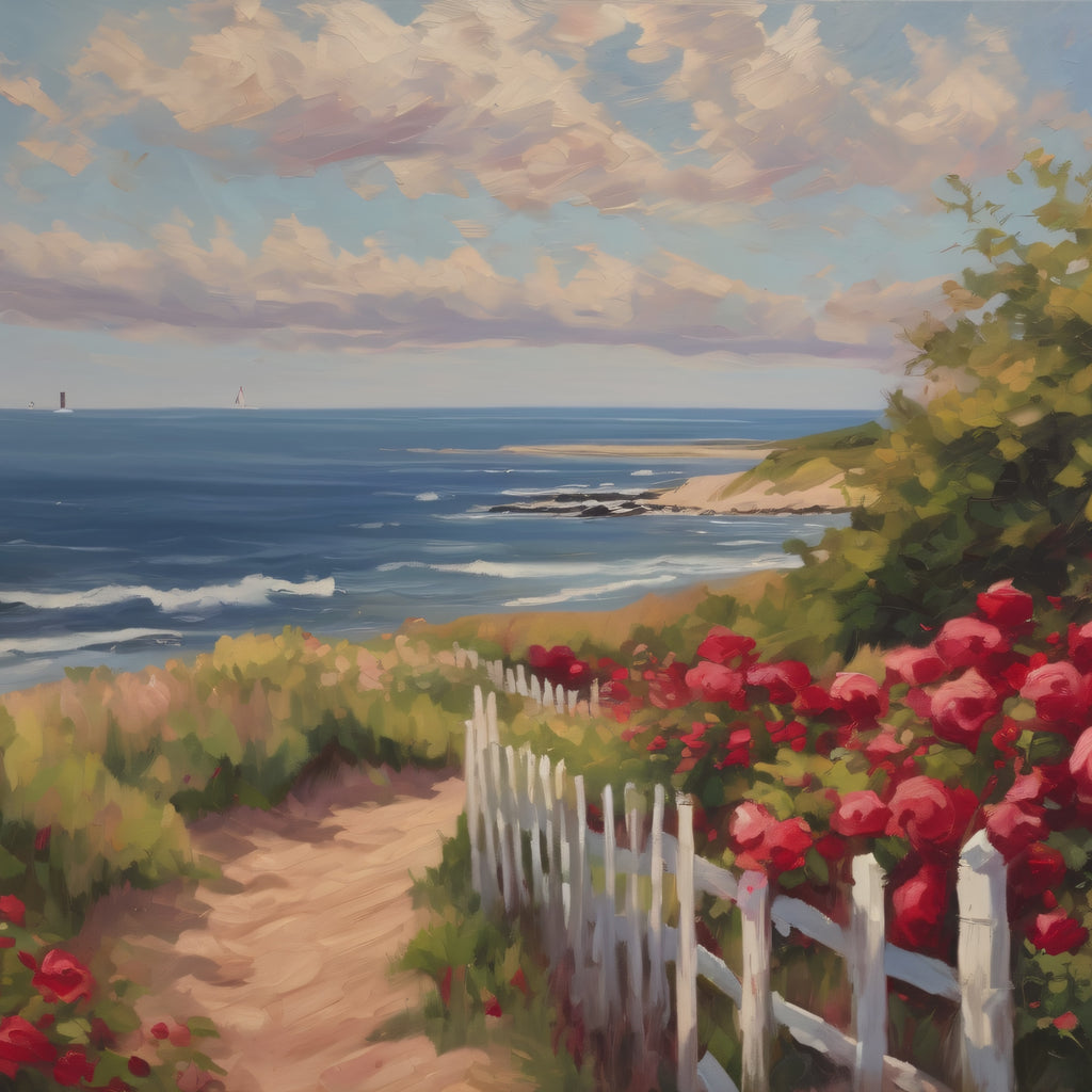 Cape Cod Oil Painting Print – Coastal Rose Beach Landscape Wall Art